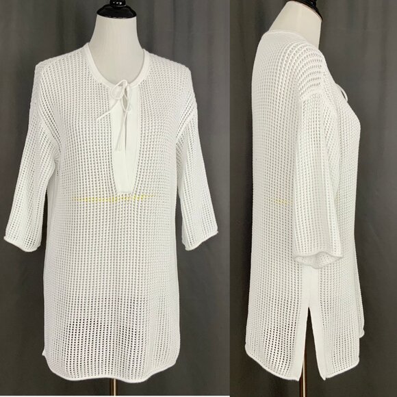 Theory White Open Knit Crochet Tunic Top Cover Up Cotton Blend Sz M - Picture 9 of 16